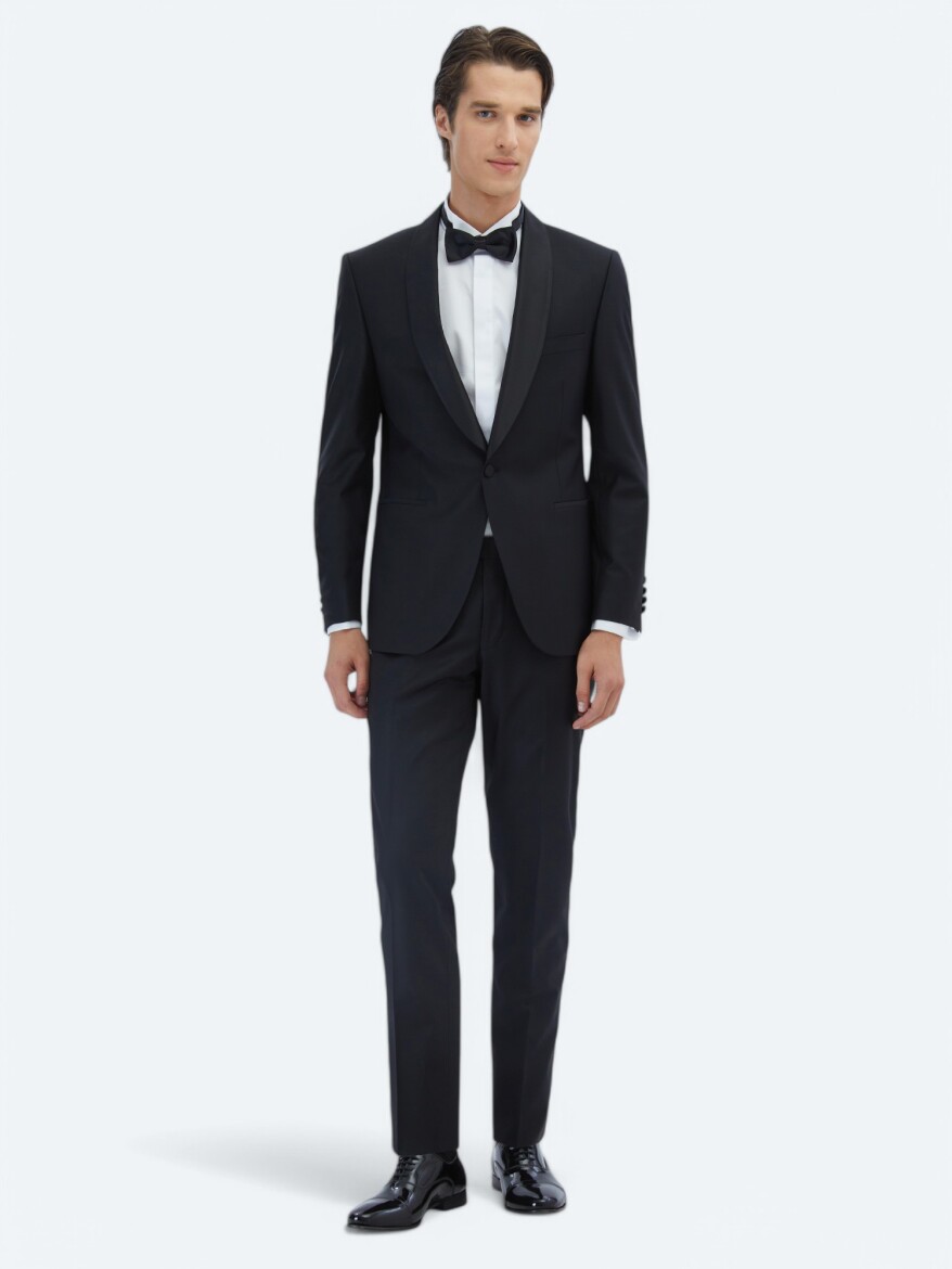Black Plain Modern Fit Shawl Collar Weaving Tuxedo - 2