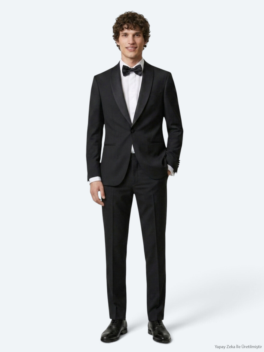 Black Plain Modern Fit Shawl Collar Weaving Tuxedo 