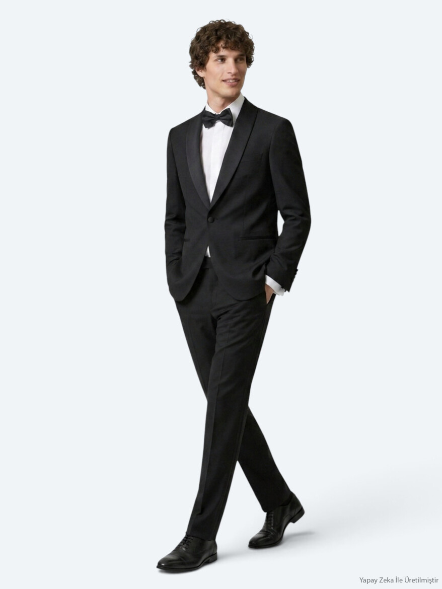 Black Plain Modern Fit Shawl Collar Weaving Tuxedo - 3
