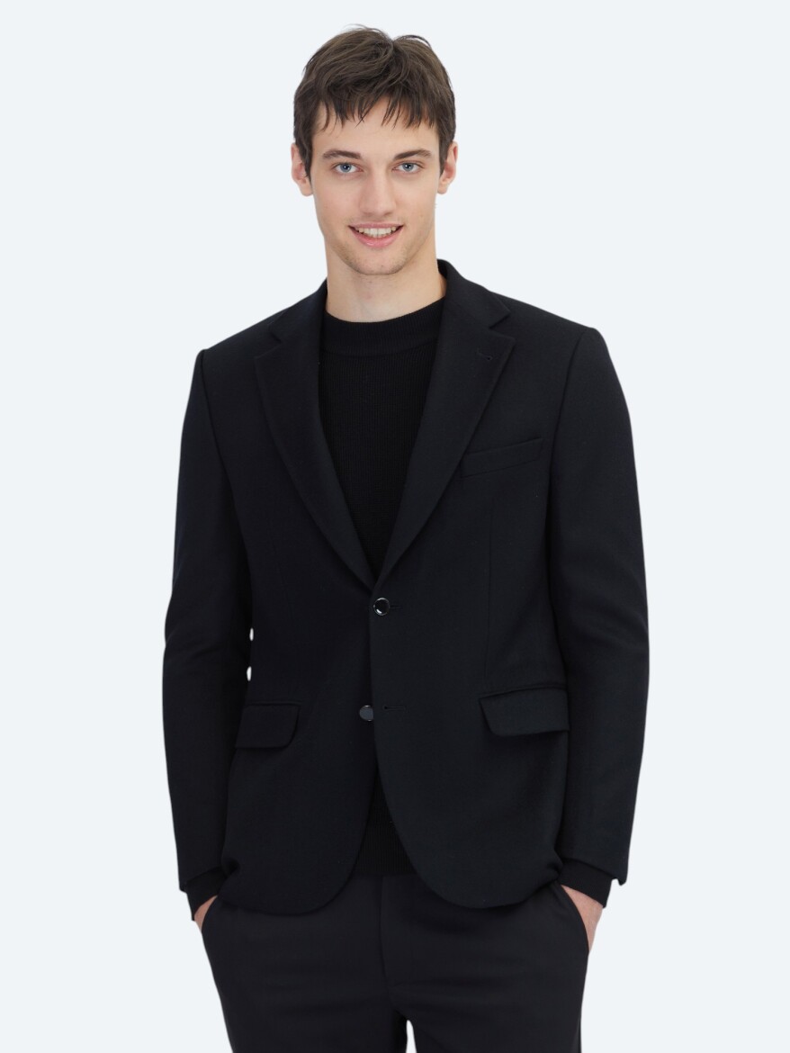 Black Plain Modern Fit Wool Blended Jacket - 1