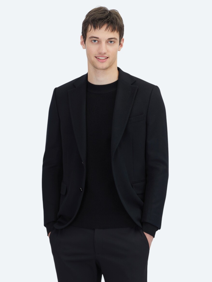 Black Plain Modern Fit Wool Blended Jacket - 4