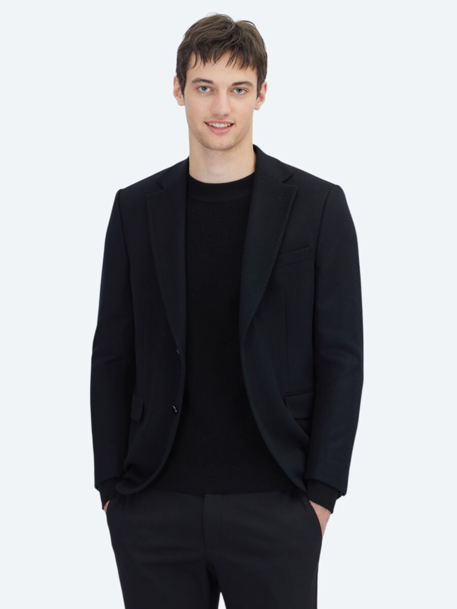 Black Plain Modern Fit Wool Blended Jacket - 4