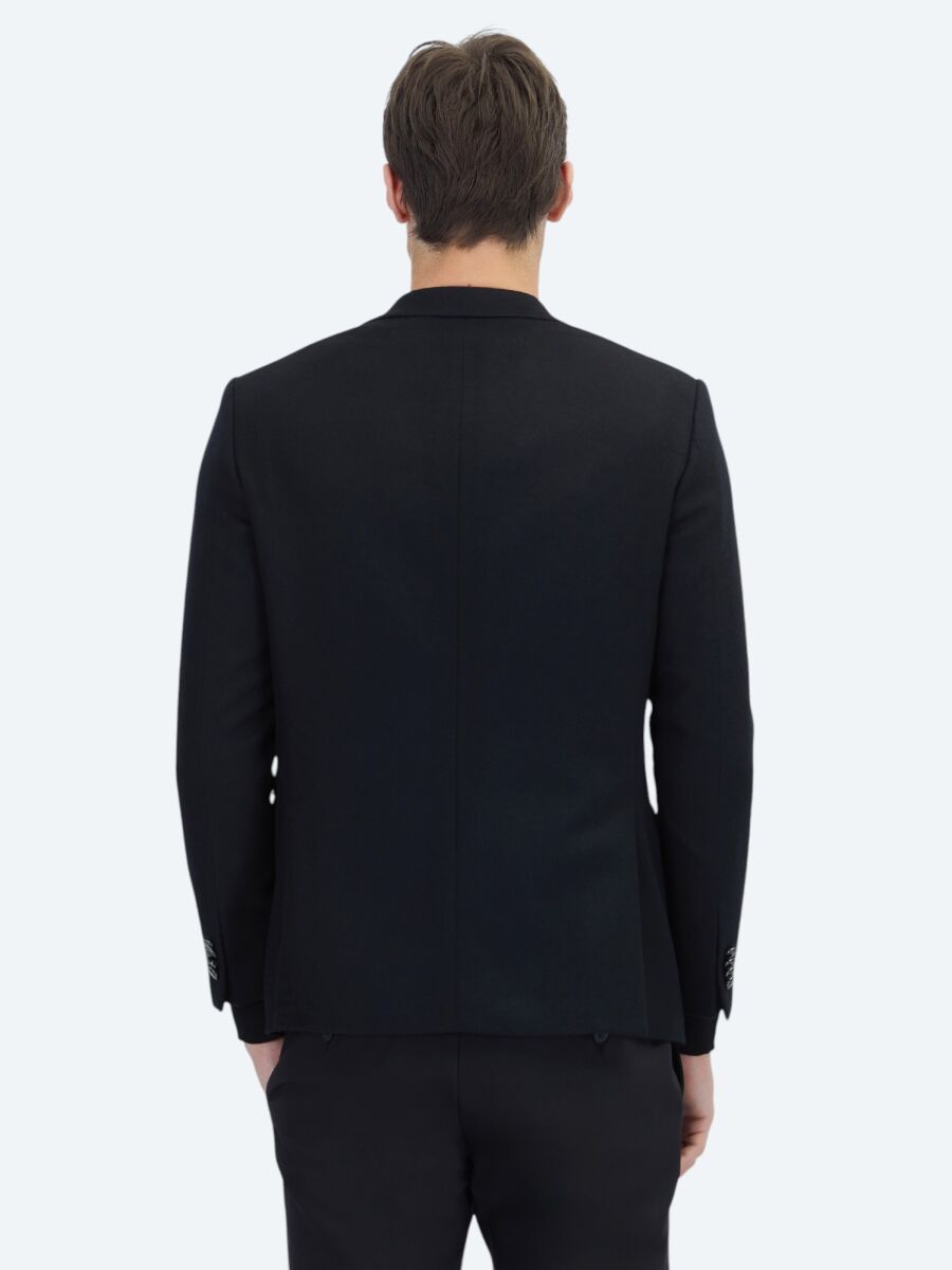 Black Plain Modern Fit Wool Blended Jacket - 6