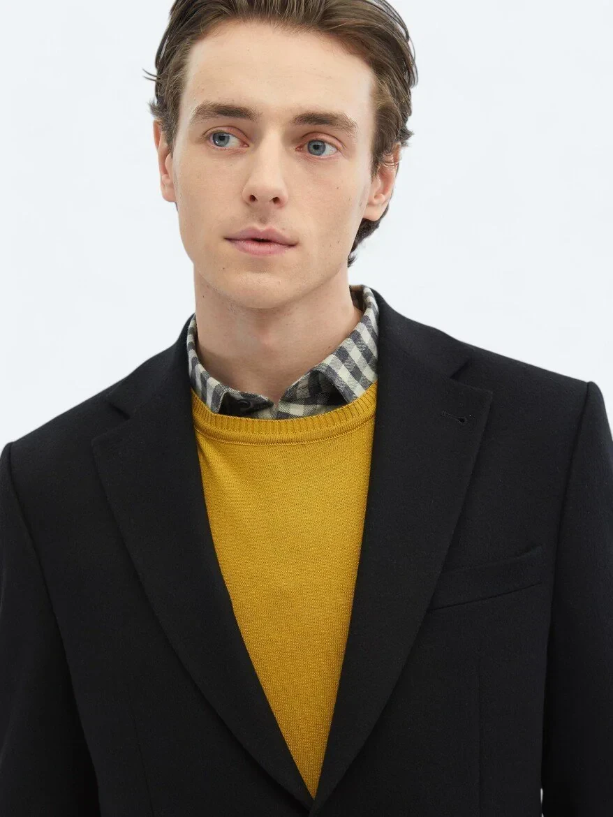 Black Plain Modern Fit Wool Blended Jacket - 4