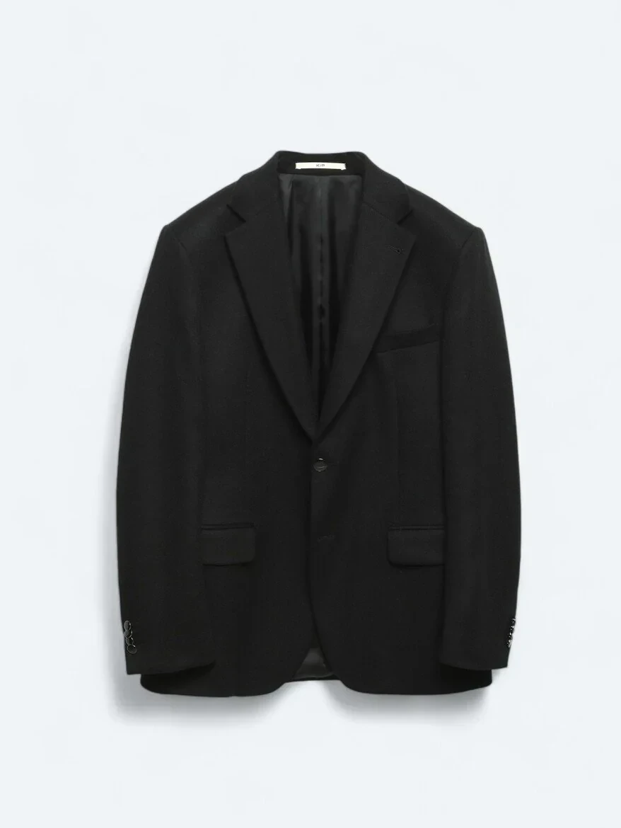 Black Plain Modern Fit Wool Blended Jacket - 7