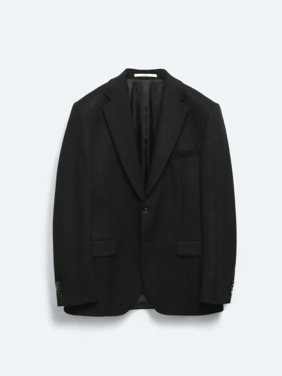 Black Plain Modern Fit Wool Blended Jacket - 7