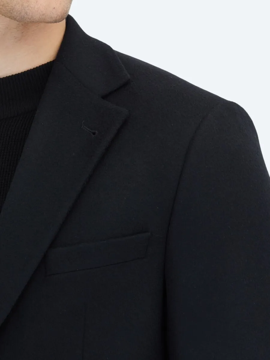 Black Plain Modern Fit Wool Blended Jacket - 5