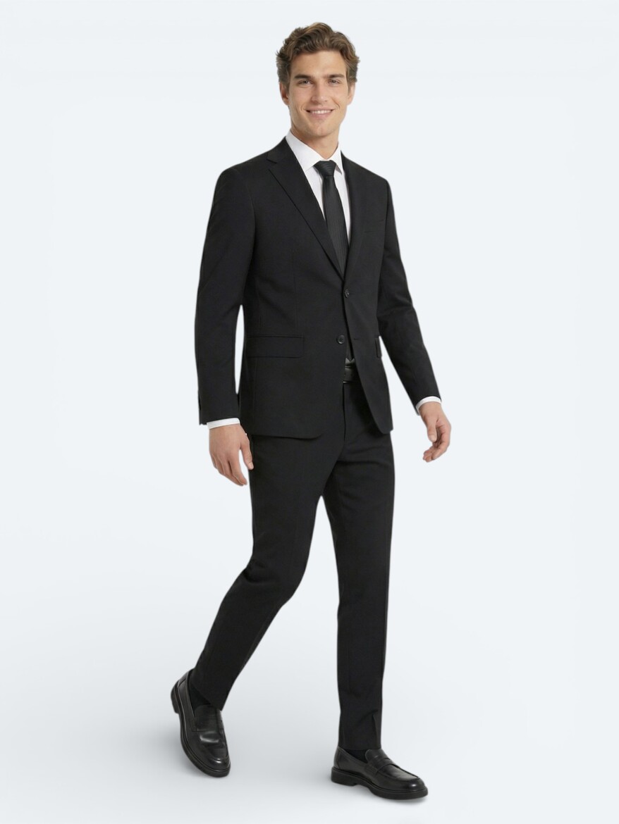 Black Plain Modern Fit Wool Blended Suit 