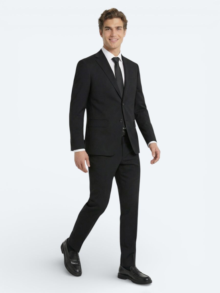 Black Plain Modern Fit Wool Blended Suit - 1
