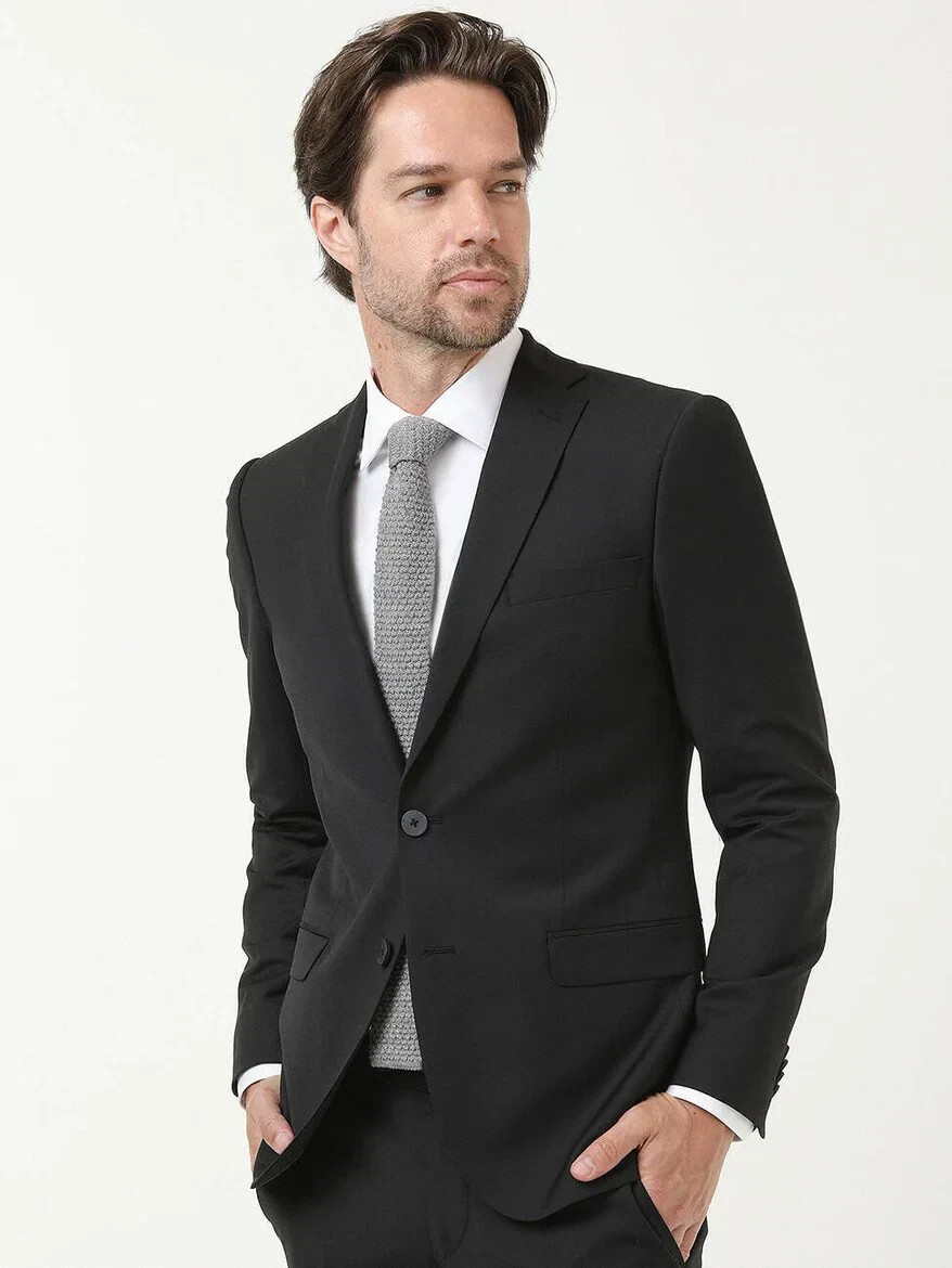 Black Plain Modern Fit Wool Blended Suit - KİP