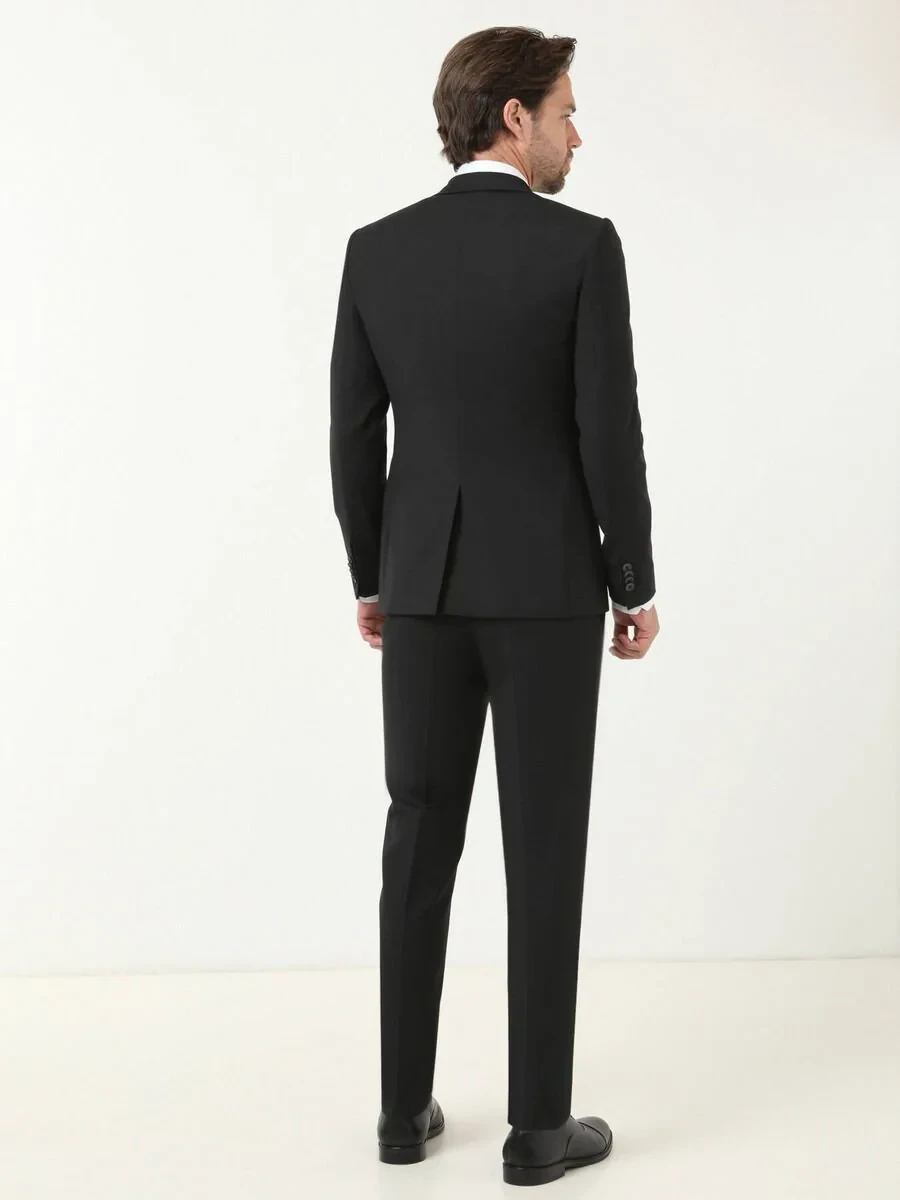 Black Plain Modern Fit Wool Blended Suit - 4