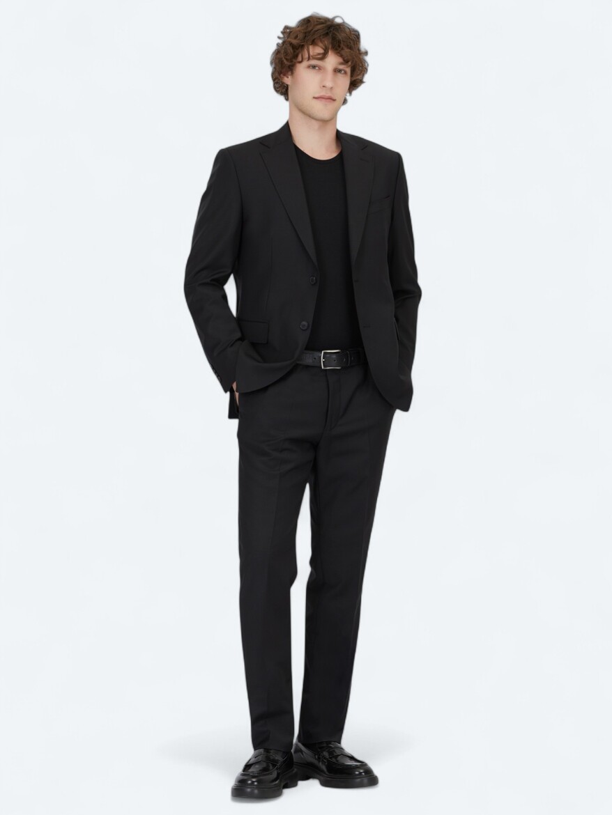 Black Plain Modern Fit Wool Blended Suit - 2