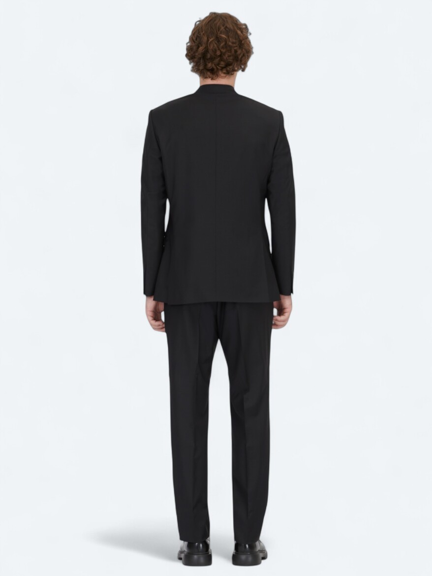 Black Plain Modern Fit Wool Blended Suit - 5