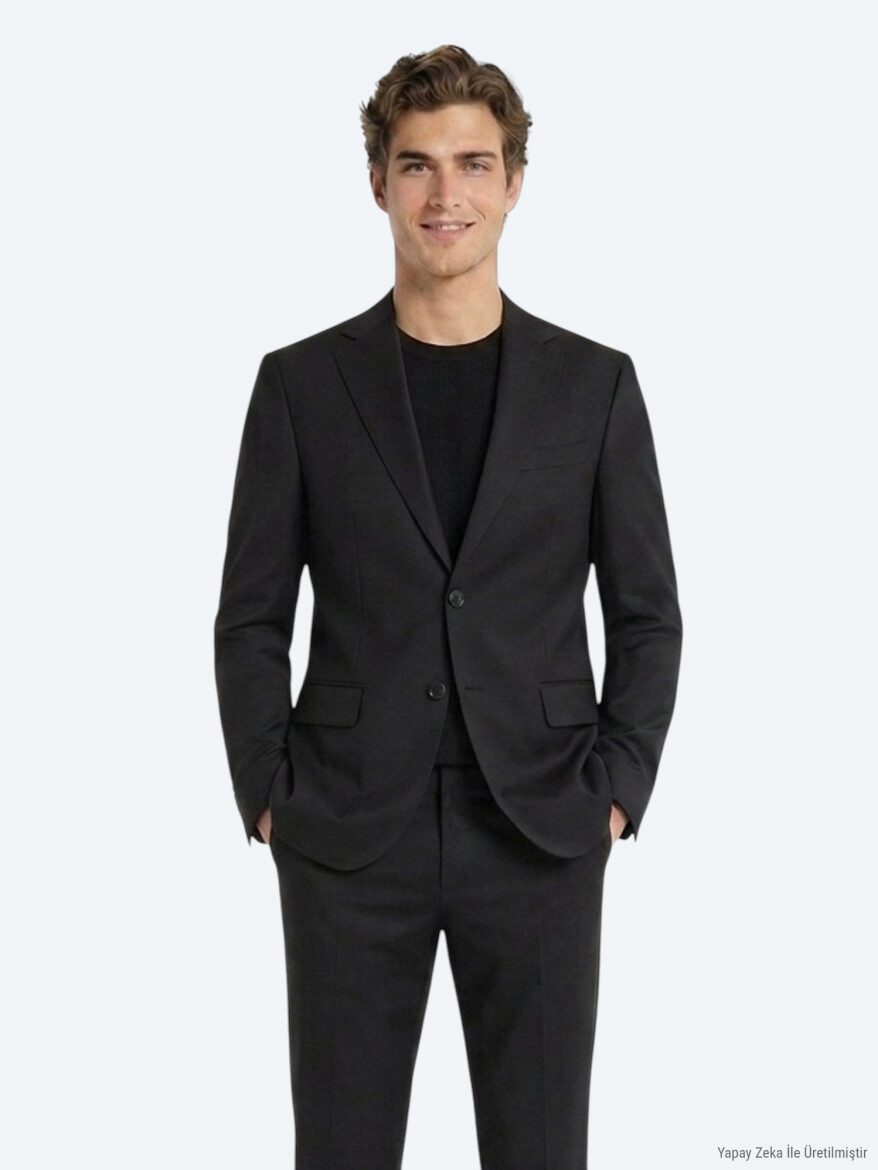 Black Plain Modern Fit Wool Blended Suit 