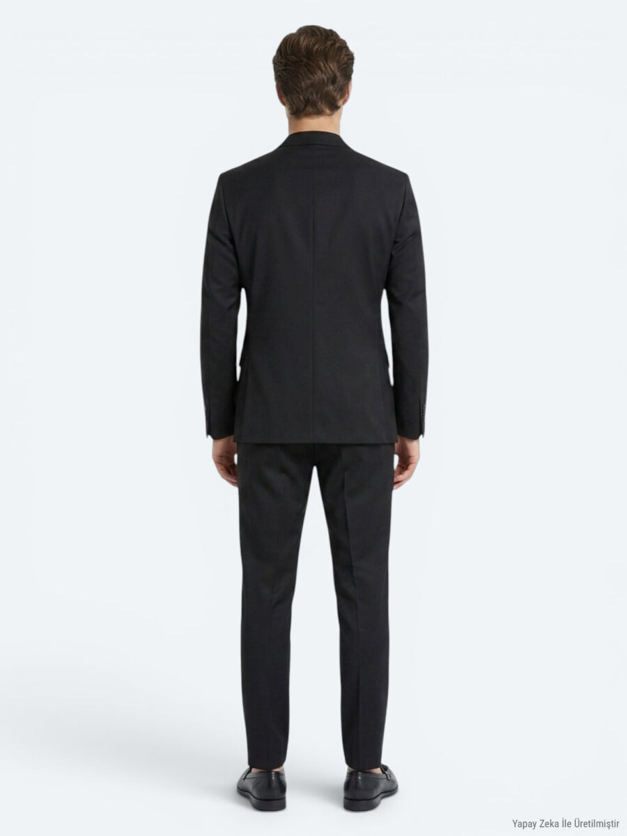 Black Plain Modern Fit Wool Blended Suit - 4