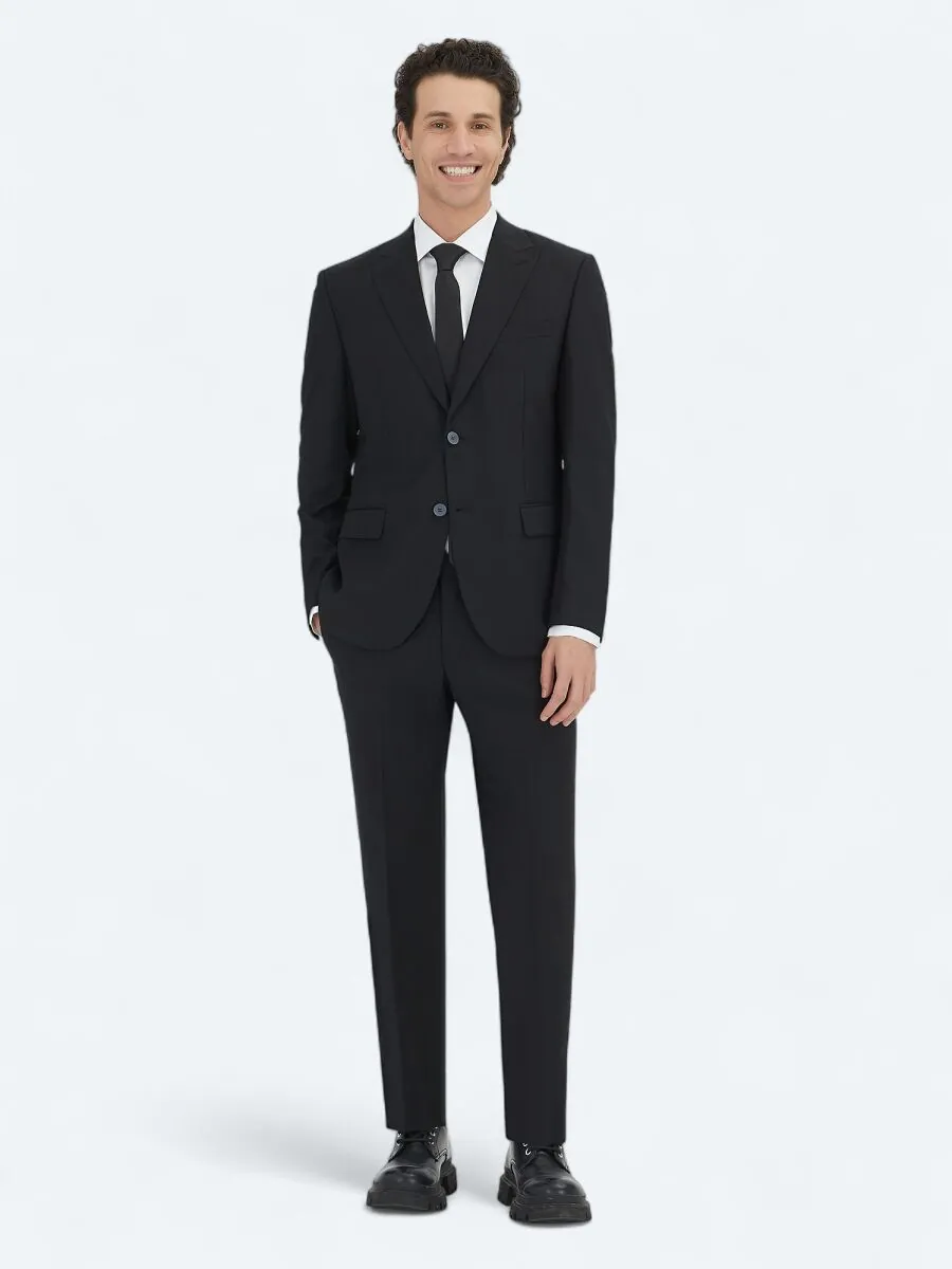 Black Plain Modern Fit Wool Blended Suit - 1