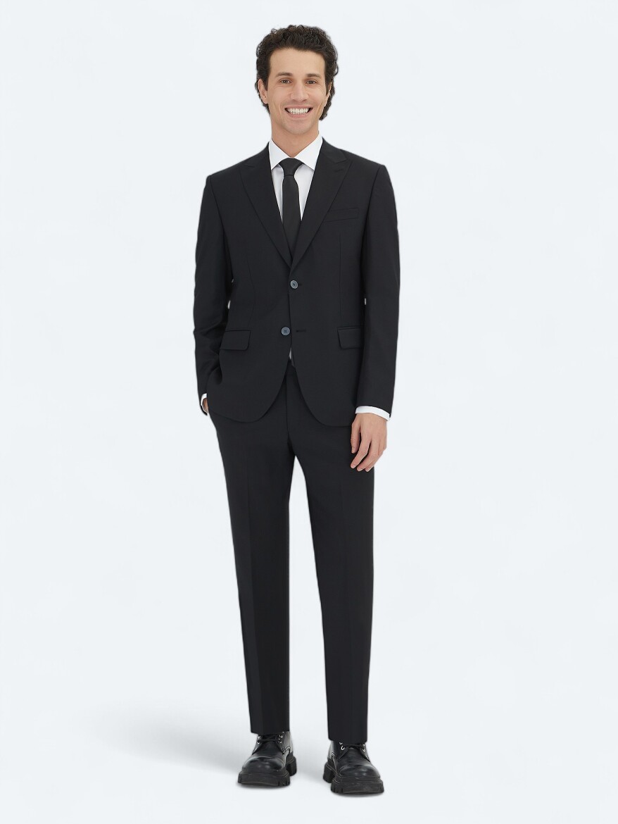 Black Plain Modern Fit Wool Blended Suit - KİP