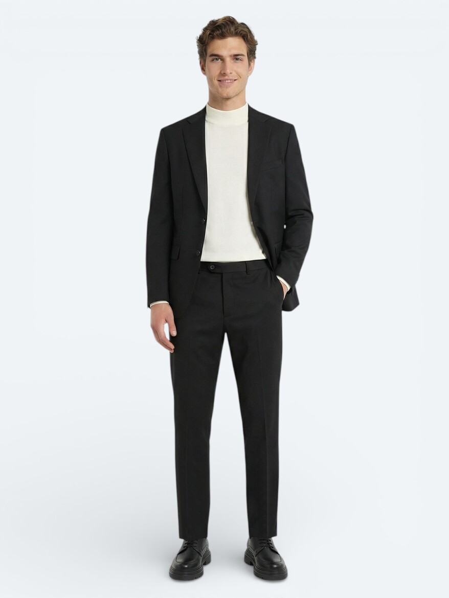 Black Plain Modern Fit Wool Blended Suit - 3