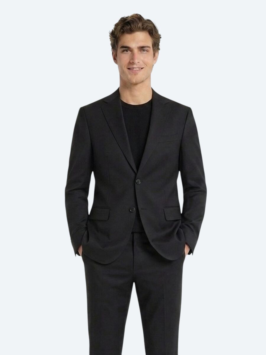 Black Plain Modern Fit Wool Blended Suit - 1