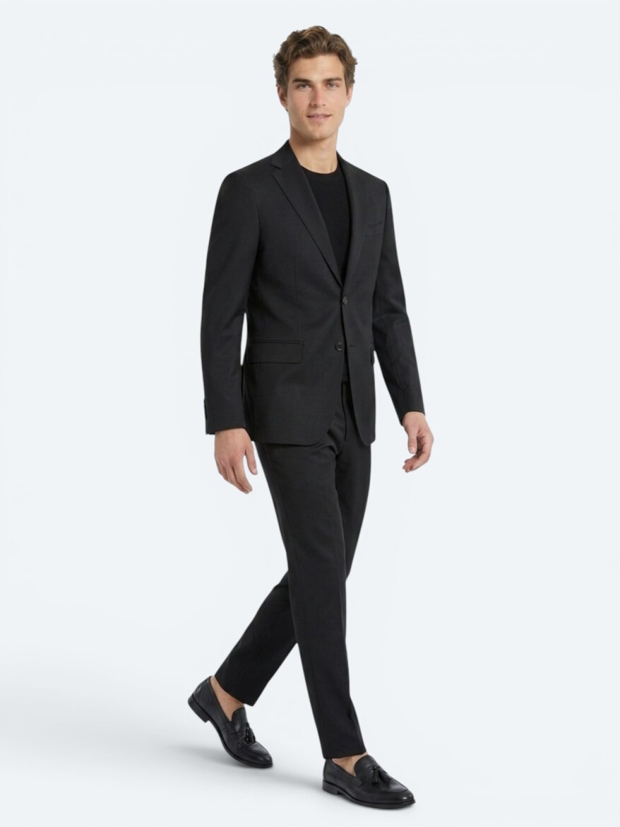Black Plain Modern Fit Wool Blended Suit - 2