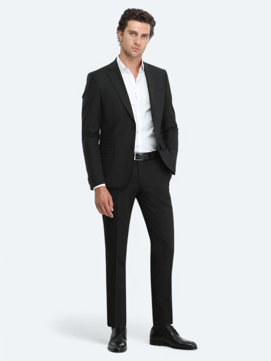 Black Plain Modern Fit Wool Blended Suit - 1