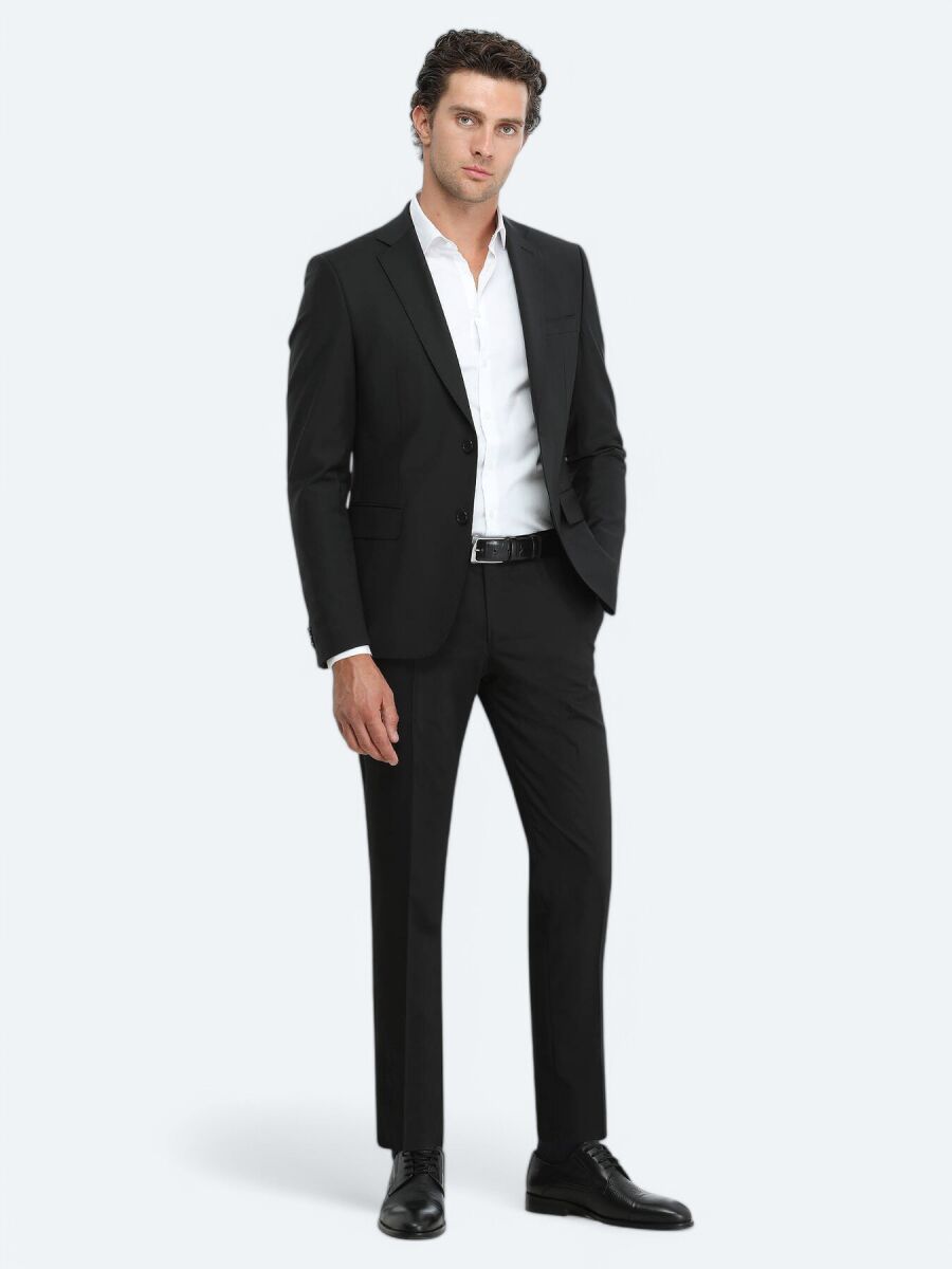 Black Plain Modern Fit Wool Blended Suit - 1