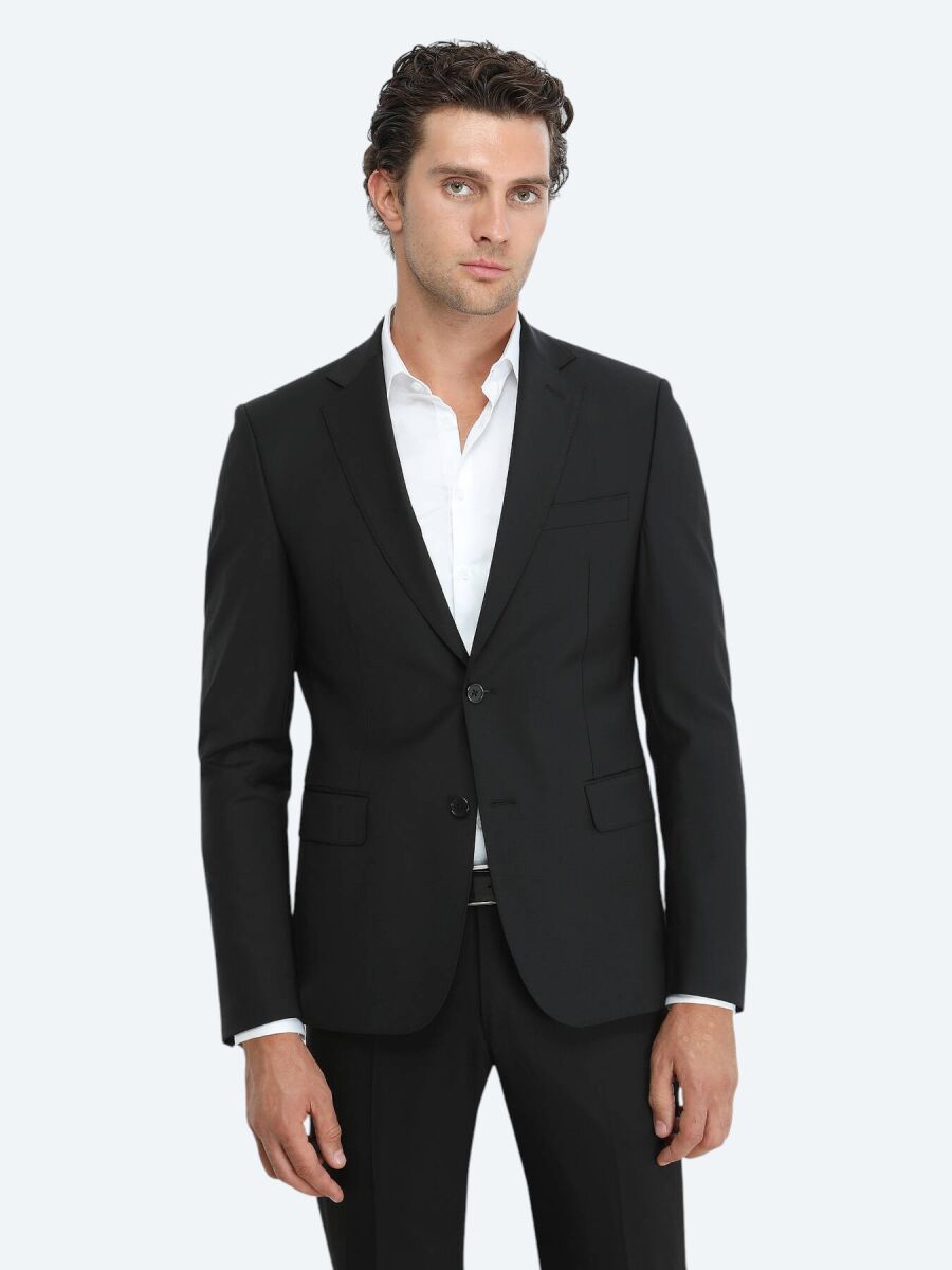 Black Plain Modern Fit Wool Blended Suit - 2