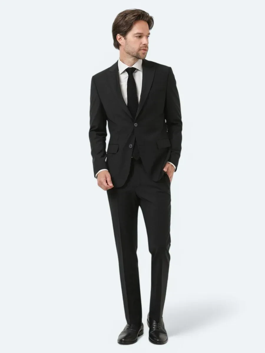 Black Plain Modern Fit Wool Blended Suit - 1
