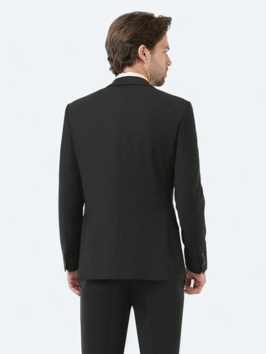 Black Plain Modern Fit Wool Blended Suit - 4