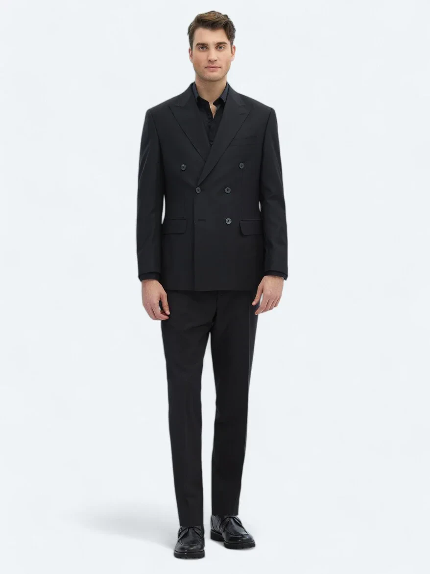 Black Plain Modern Fit Wool Blended Suit - 3