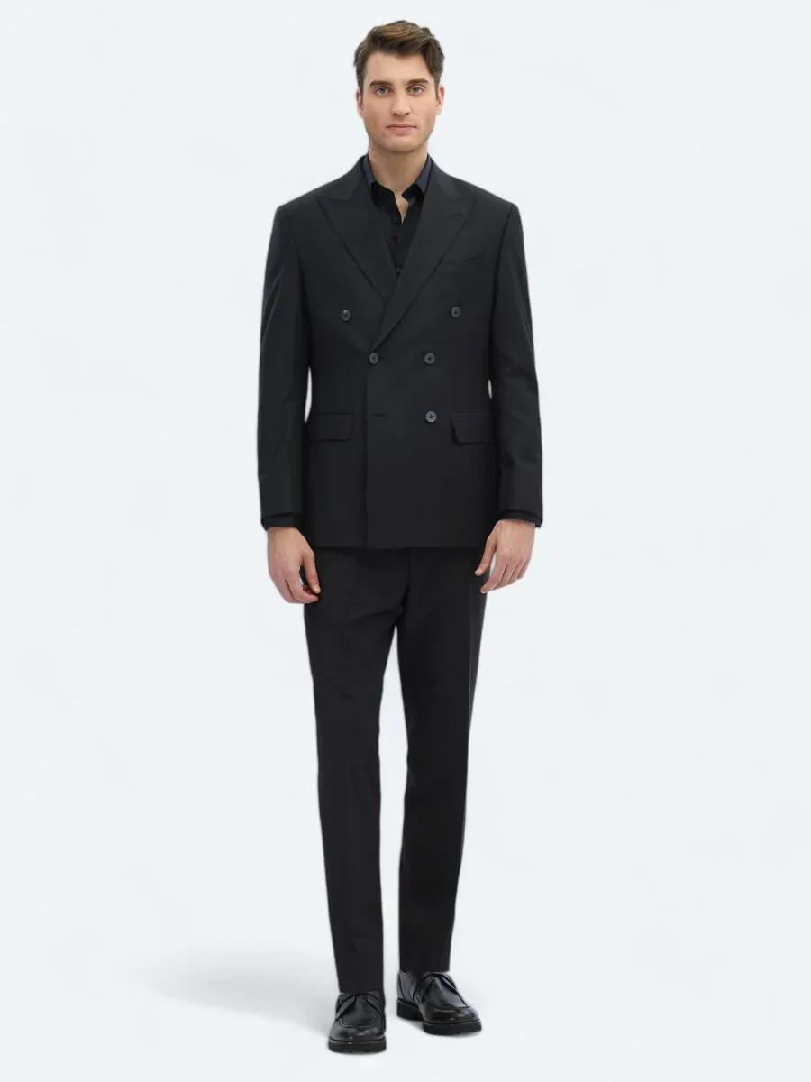 Black Plain Modern Fit Wool Blended Suit - 3