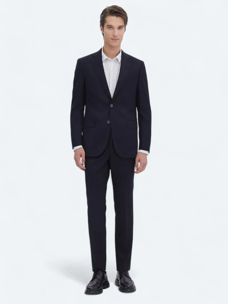 Black Plain Modern Fit Wool Blended Suit - 2
