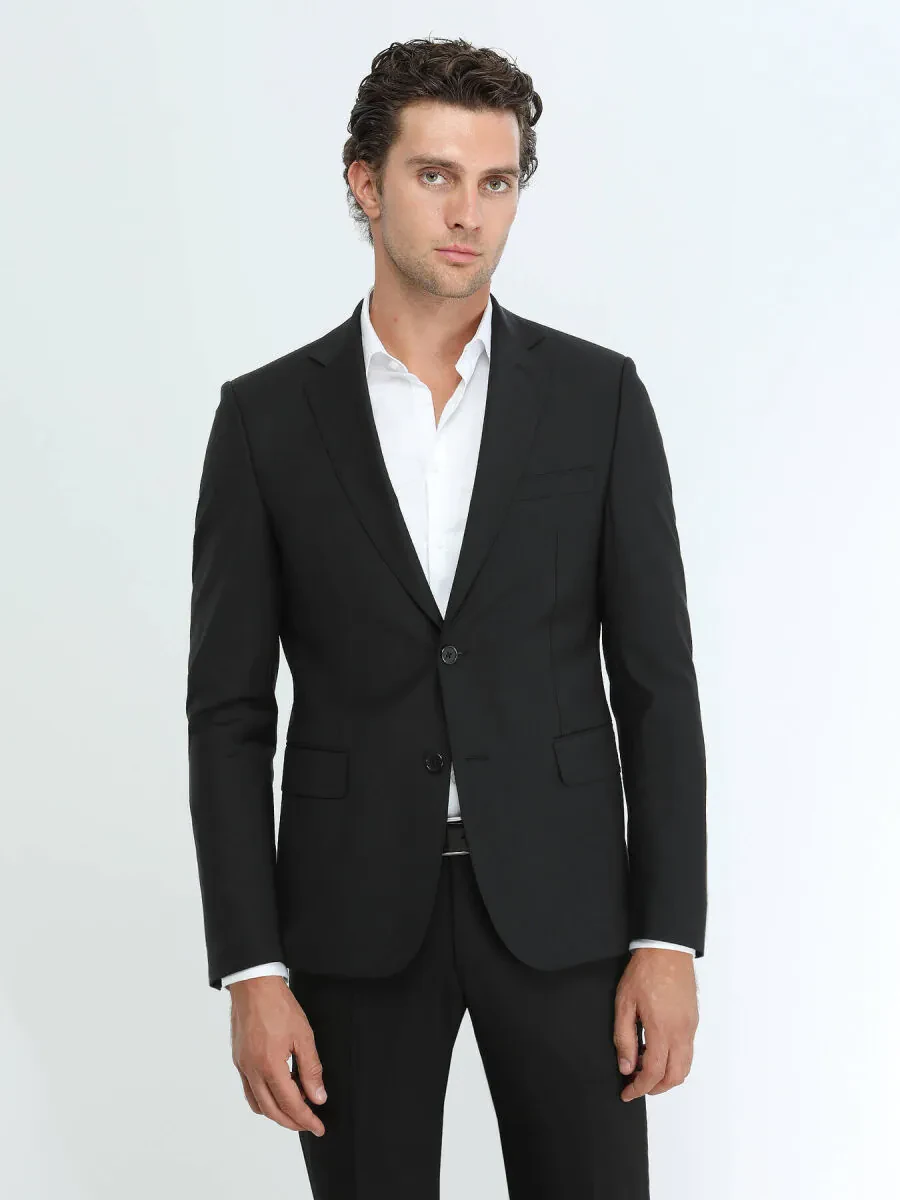 Black Plain Modern Fit Wool Blended Suit - 2