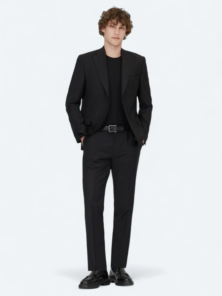 Black Plain Modern Fit Wool Blended Suit - 2