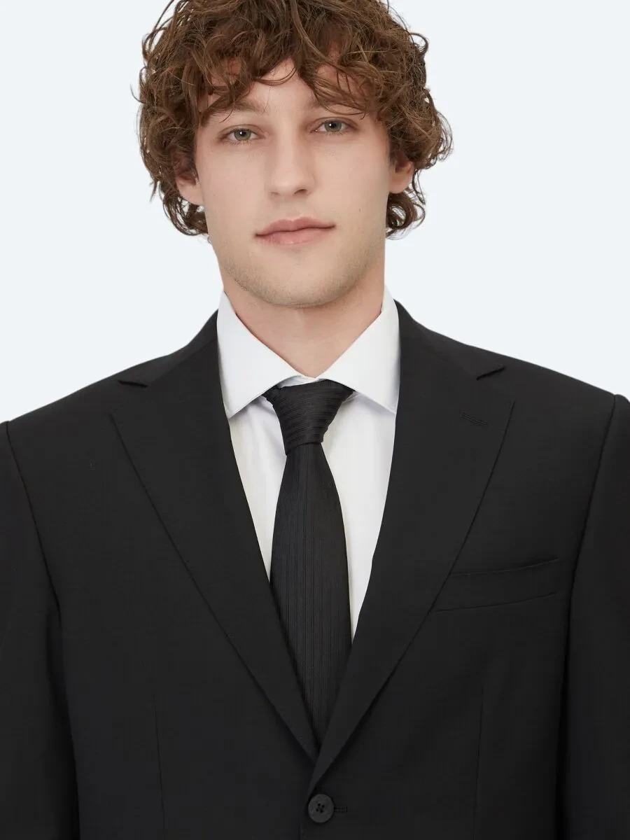 Black Plain Modern Fit Wool Blended Suit - 3