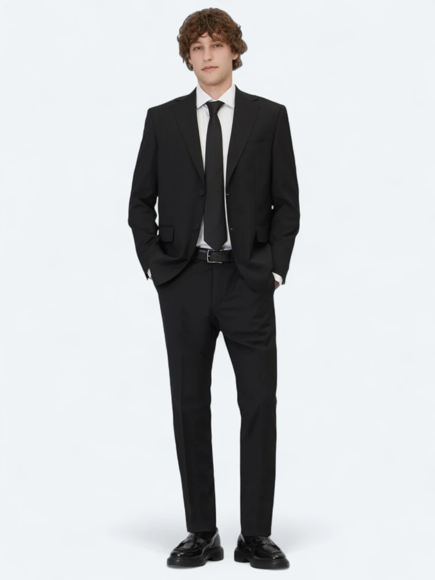 Black Plain Modern Fit Wool Blended Suit - 2