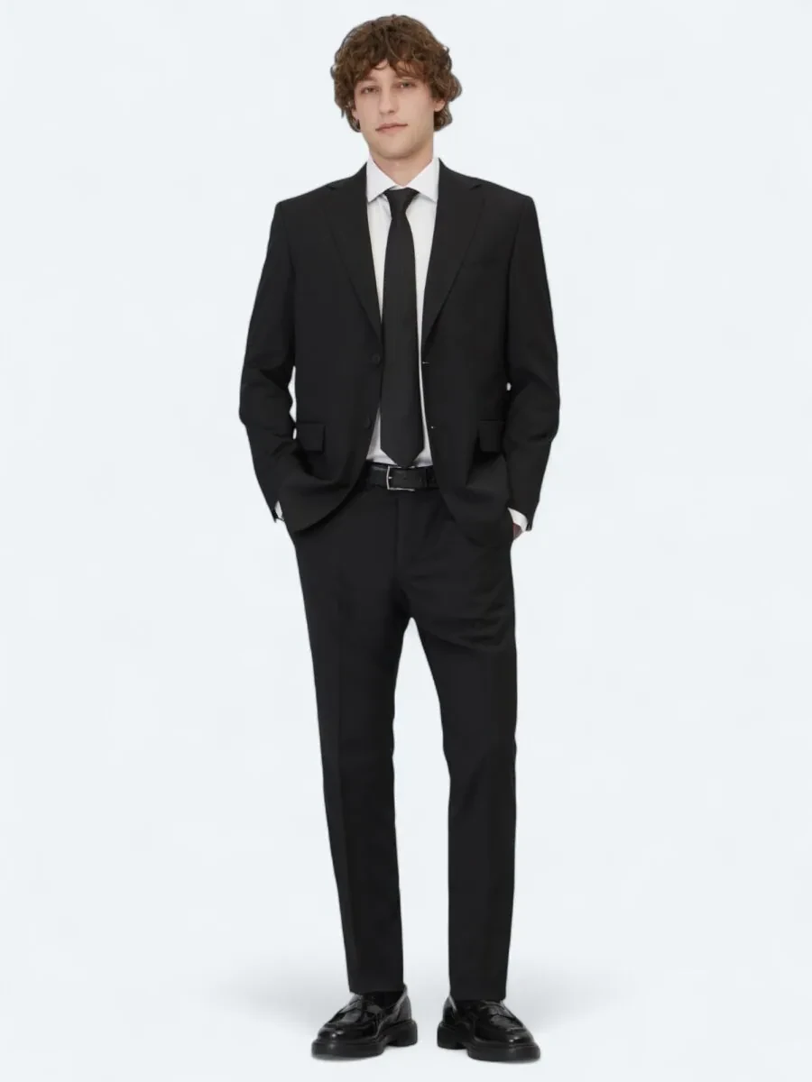 Black Plain Modern Fit Wool Blended Suit - 2