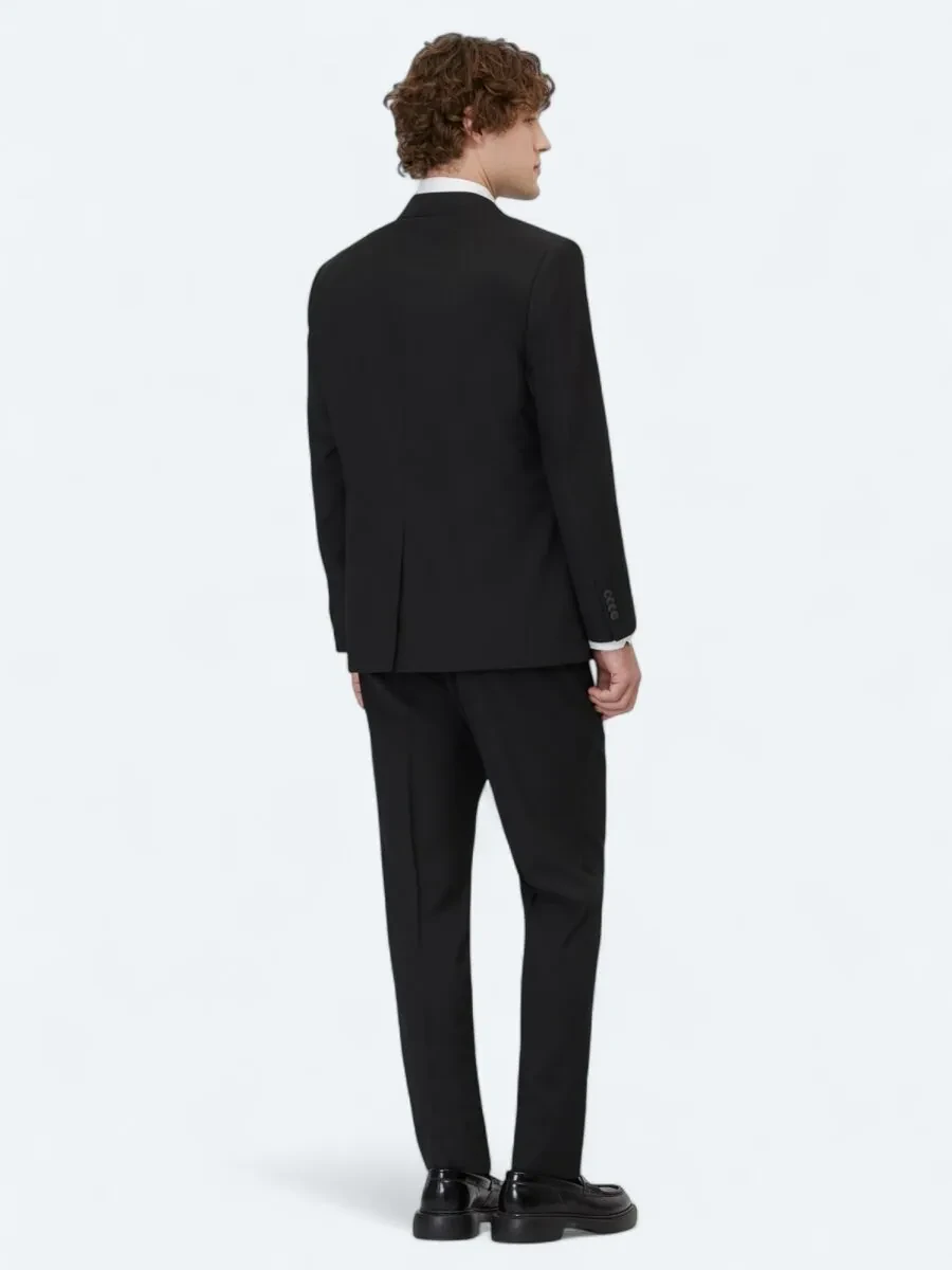 Black Plain Modern Fit Wool Blended Suit - 5
