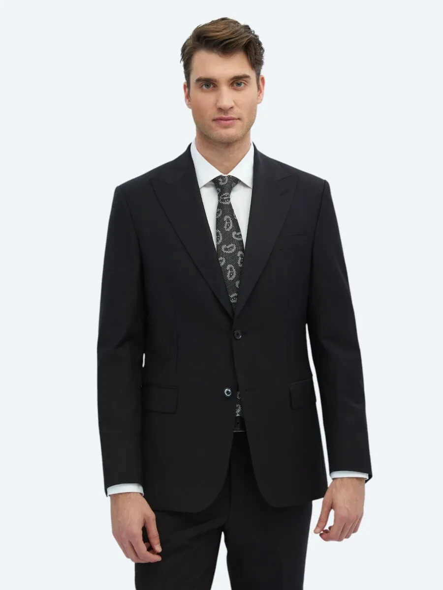 Black Plain Modern Fit Wool Blended Suit - 1