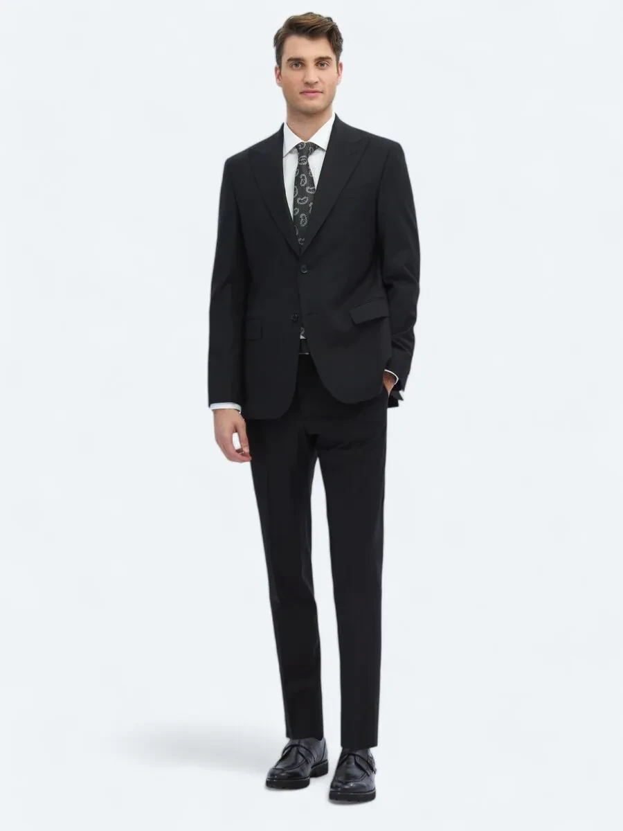 Black Plain Modern Fit Wool Blended Suit - 2