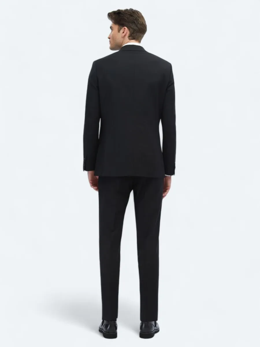Black Plain Modern Fit Wool Blended Suit - 5
