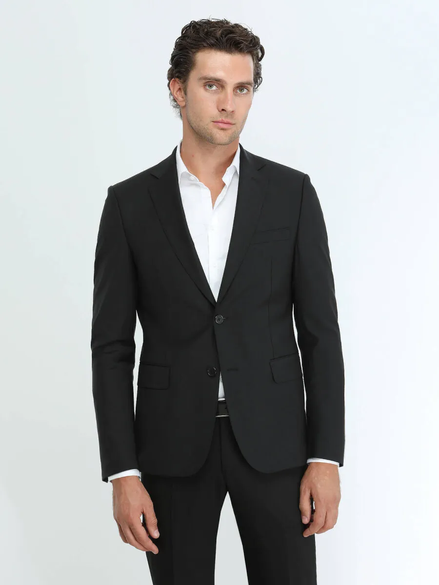 Black Plain Modern Fit Wool Blended Suit - 1