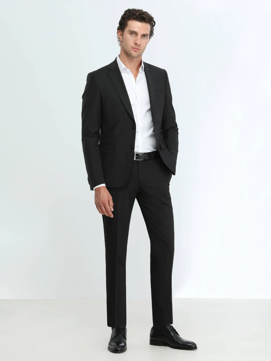 Black Plain Modern Fit Wool Blended Suit - 2