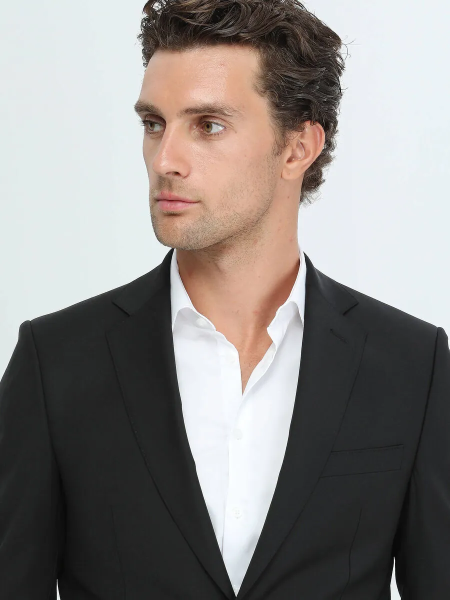 Black Plain Modern Fit Wool Blended Suit - 3