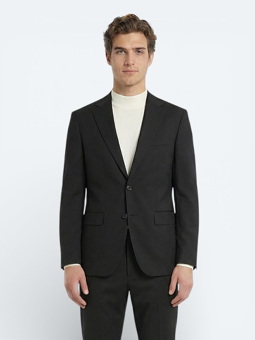 Black Plain Modern Fit Wool Blended Suit - 1
