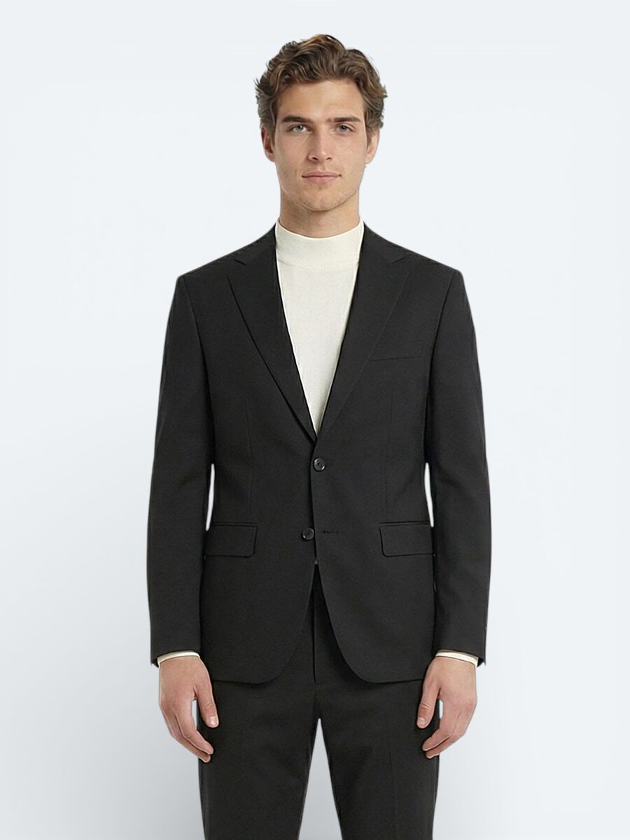 Black Plain Modern Fit Wool Blended Suit - 1