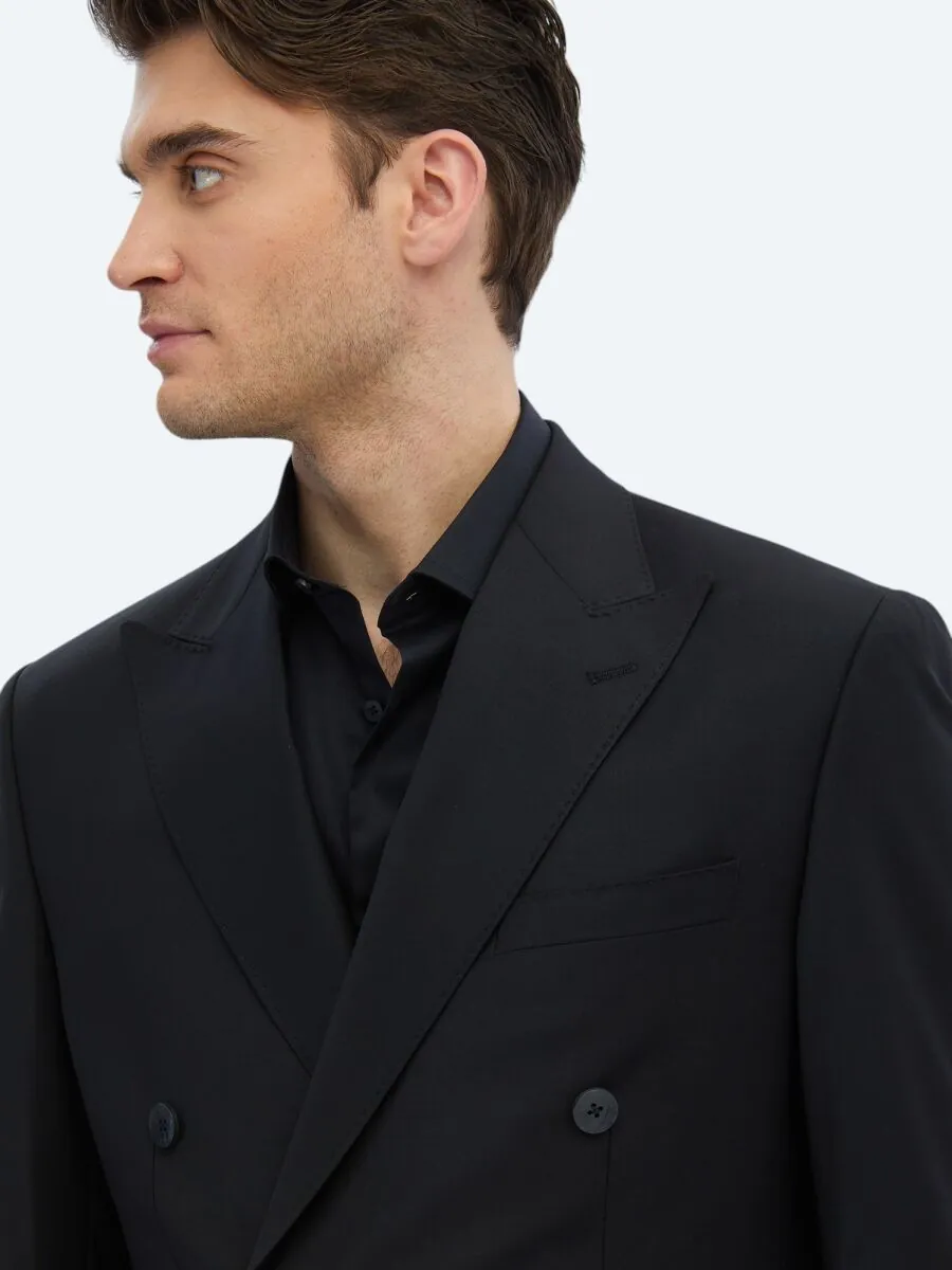 Black Plain Modern Fit Wool Blended Suit - 5