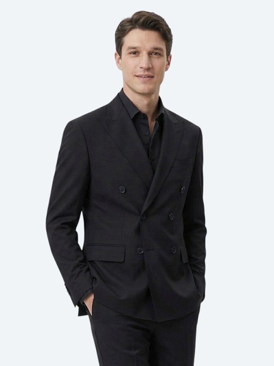 Black Plain Modern Fit Wool Blended Suit - 3