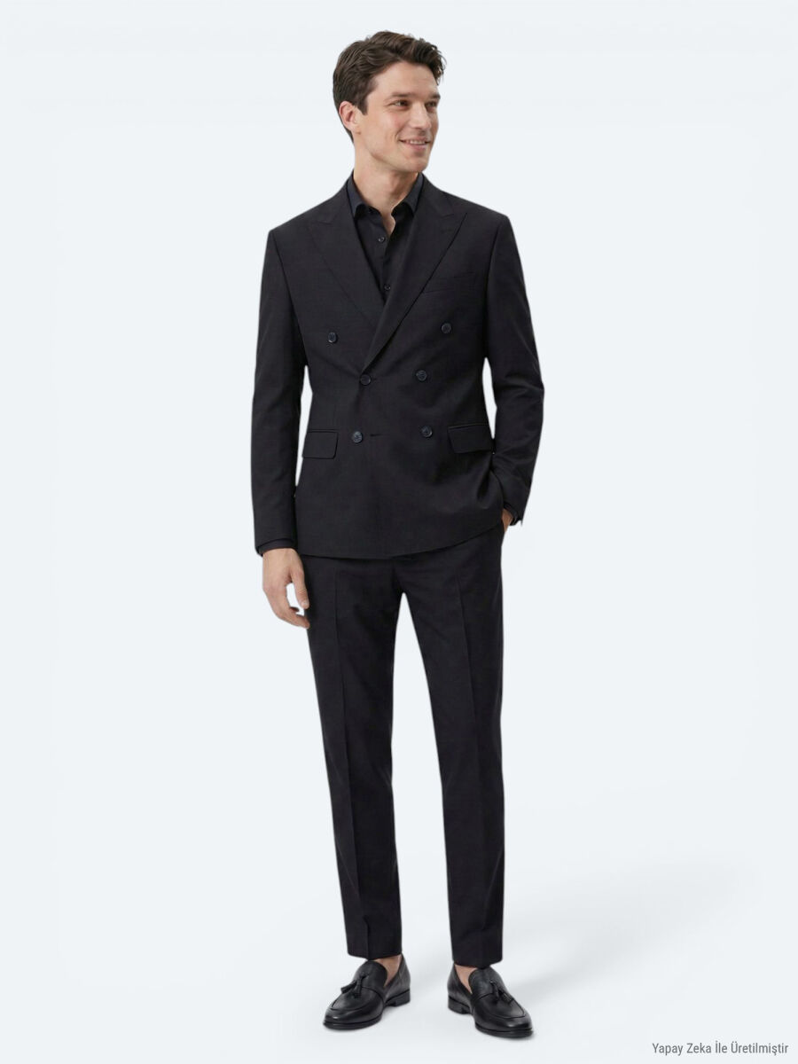 Black Plain Modern Fit Wool Blended Suit - 4