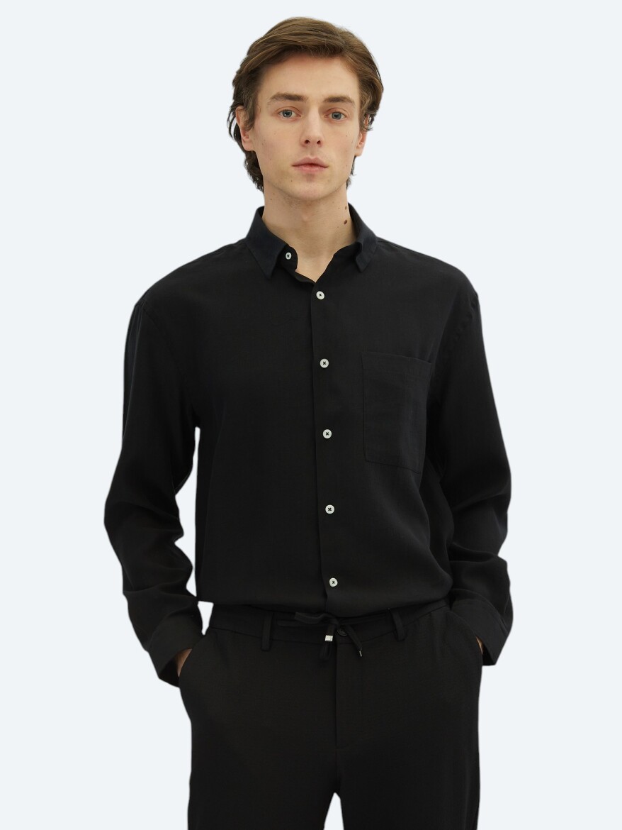 Black Plain Oversize Fit Long Weaving Casual Shirt 
